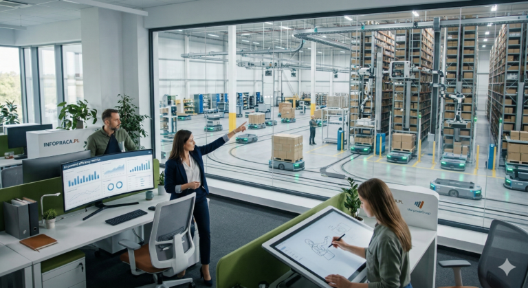 Trendy rynku pracy 2026 - nowoczesne biuro i zautomatyzowany magazyn