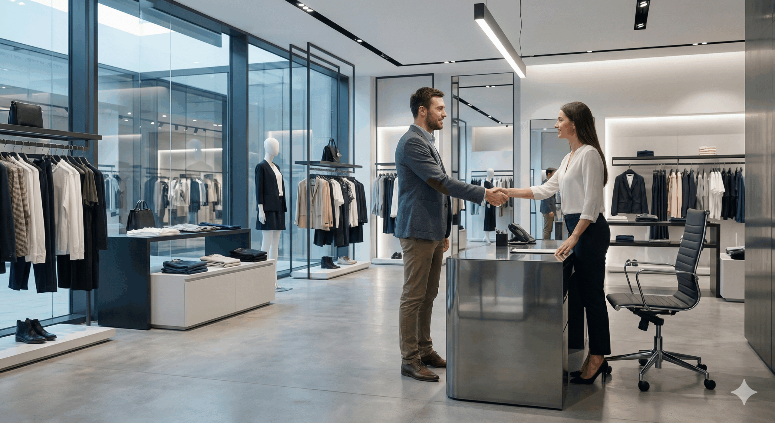 Zdjęcie przedstawia mężczyznę w niebieskiej marynarce i brązowych spodniach oraz kobietę w białej bluzce i czarnych spodniach, którzy podają sobie dłonie w nowoczesnym, minimalistycznie urządzonym sklepie odzieżowym. Kobieta stoi za metalowym kontuarem recepcyjnym, na którym leży tablet. W tle widoczne są wieszaki z ubraniami, manekiny oraz przeszklone ściany i drzwi. Podłoga jest wykonana z polerowanego betonu. Oświetlenie jest jasne, pochodzące z sufitowych lamp liniowych. Scena sugeruje zakończenie rozmowy biznesowej lub rekrutacyjnej.