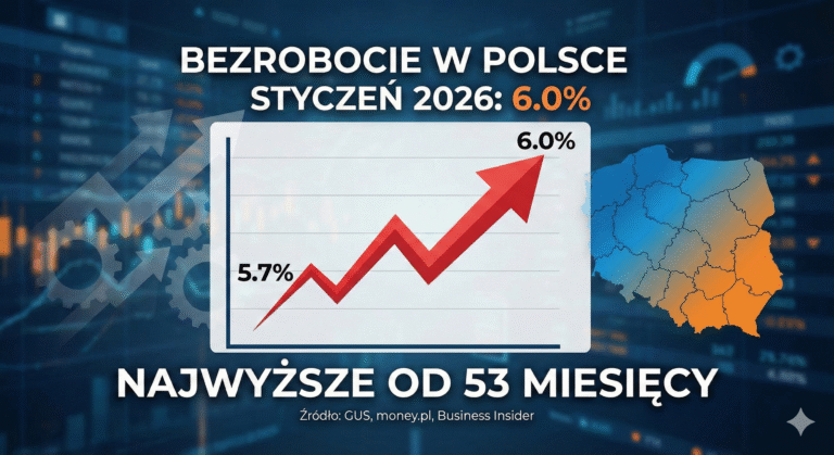 Infografika przedstawiająca wzrost stopy bezrobocia w Polsce w styczniu 2026 roku do poziomu 6,0%. Wykres ze strzałką w górę wskazuje, że są to najgorsze dane od 53 miesięcy według GUS.