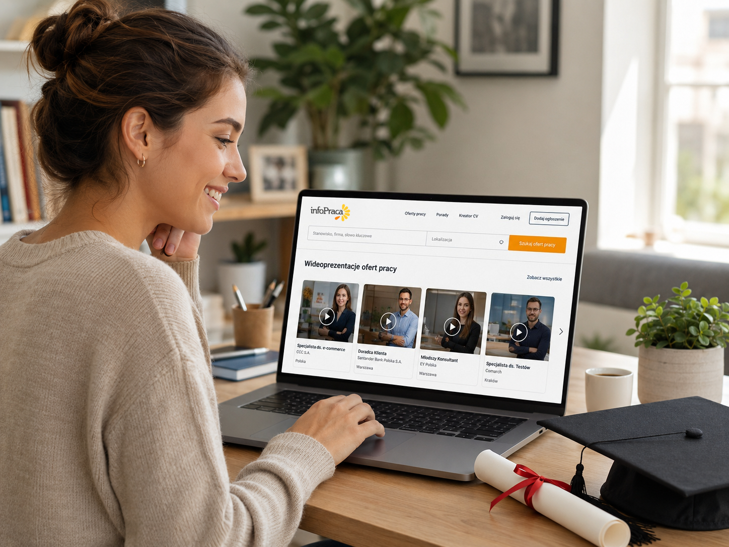 Uśmiechnięta absolwentka przegląda oferty pracy wideo na laptopie