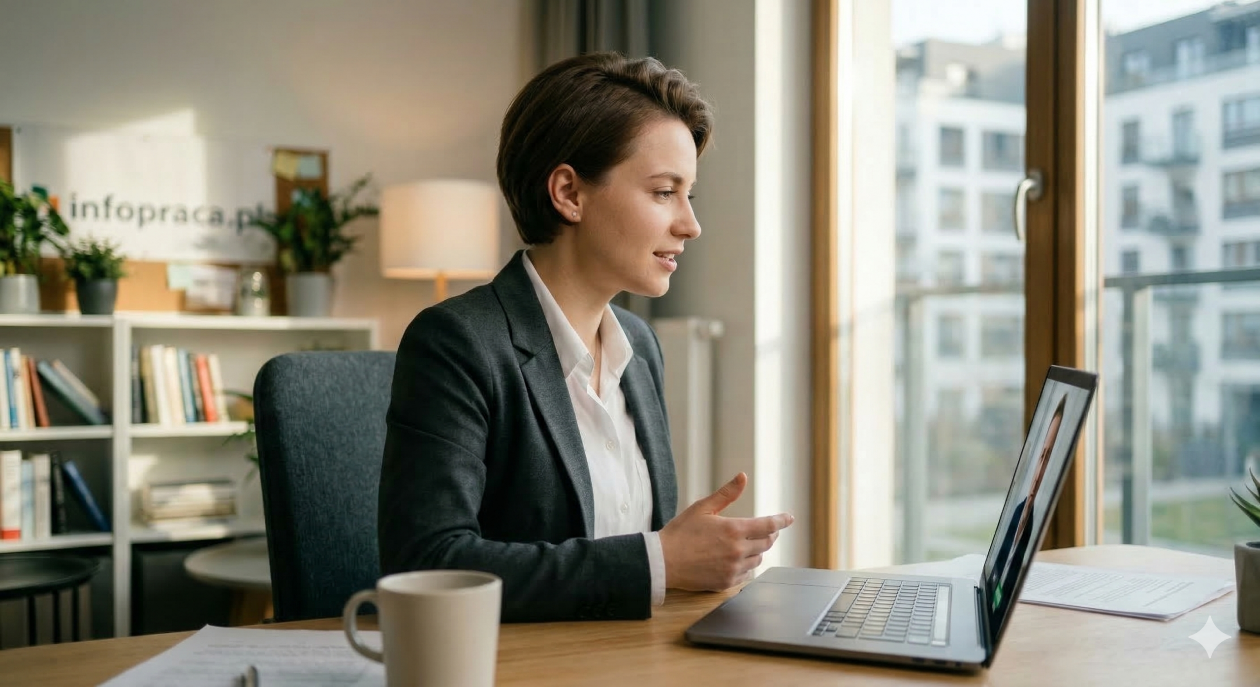 Uśmiechnięta kandydatka przed laptopem. Profesjonalny ubiór na rozmowę kwalifikacyjną 2026 w formacie online.