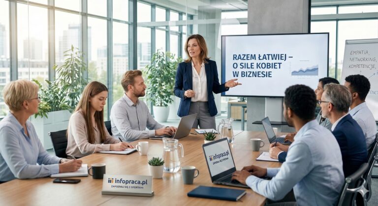 Współpraca kobiet w biznesie – liderka prowadząca spotkanie zespołu w nowoczesnym, jasnym biurze.